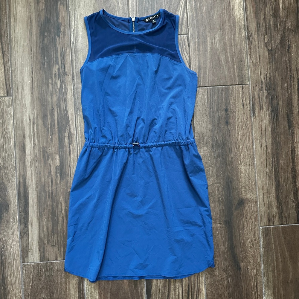 Athleta Blue Mesh Panel Sleeveless Drawstring Waist Dress 446684 Blue Size 4
